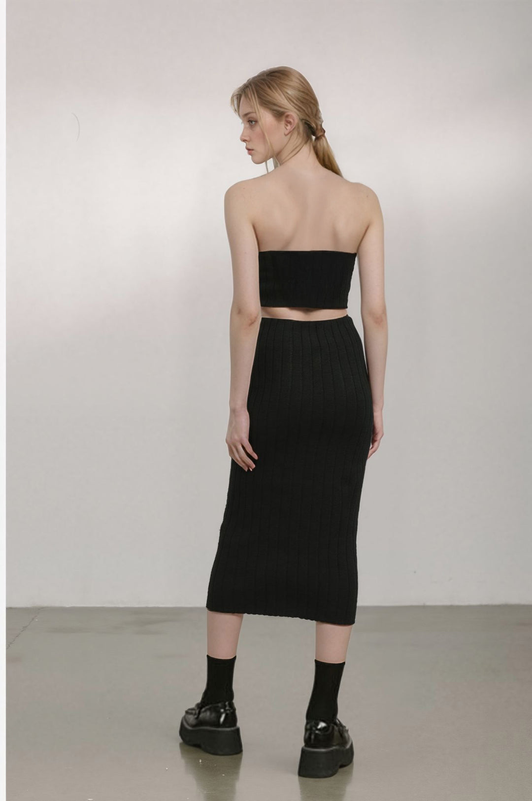 Black Off Shoulder Top And Fitted Midi Skirt