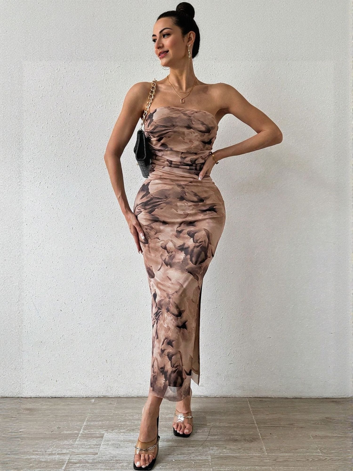 Brown Digital Print Mesh Tube Dress
