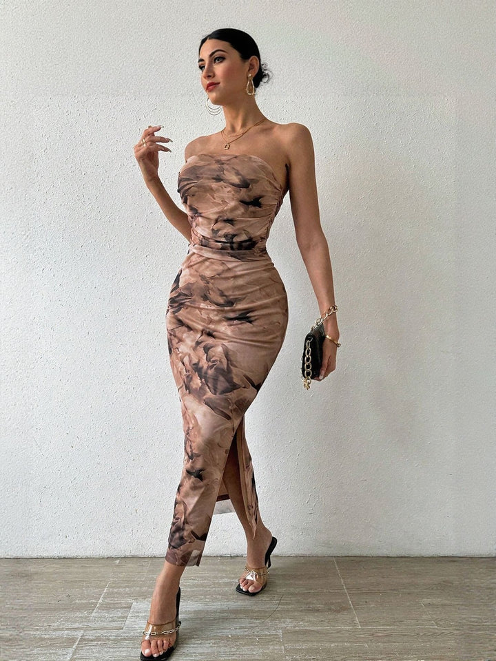 Brown Digital Print Mesh Tube Dress