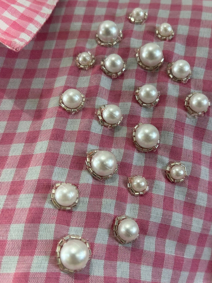 Pink Oversized Check Shirt With Placement Embellishment Detail