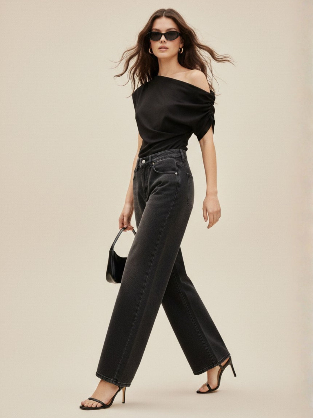 Black One Shoulder Extended Sleeves Top
