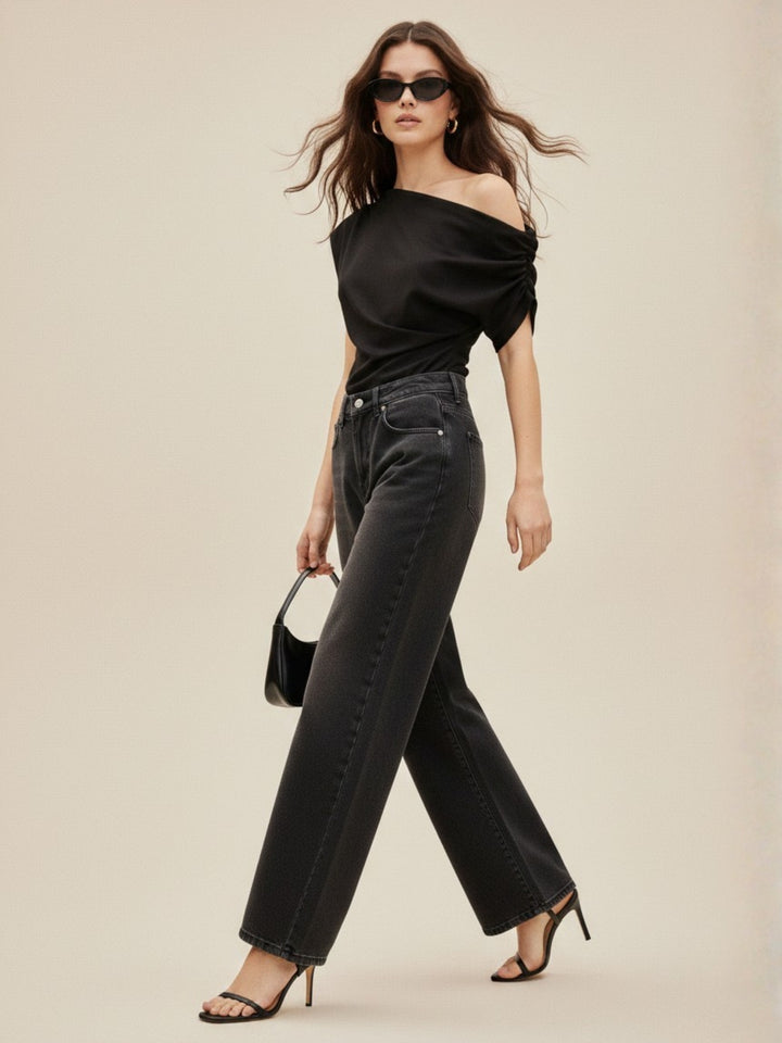 Black One Shoulder Extended Sleeves Top