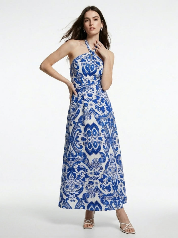 Blue Halter Neck Printed Dress