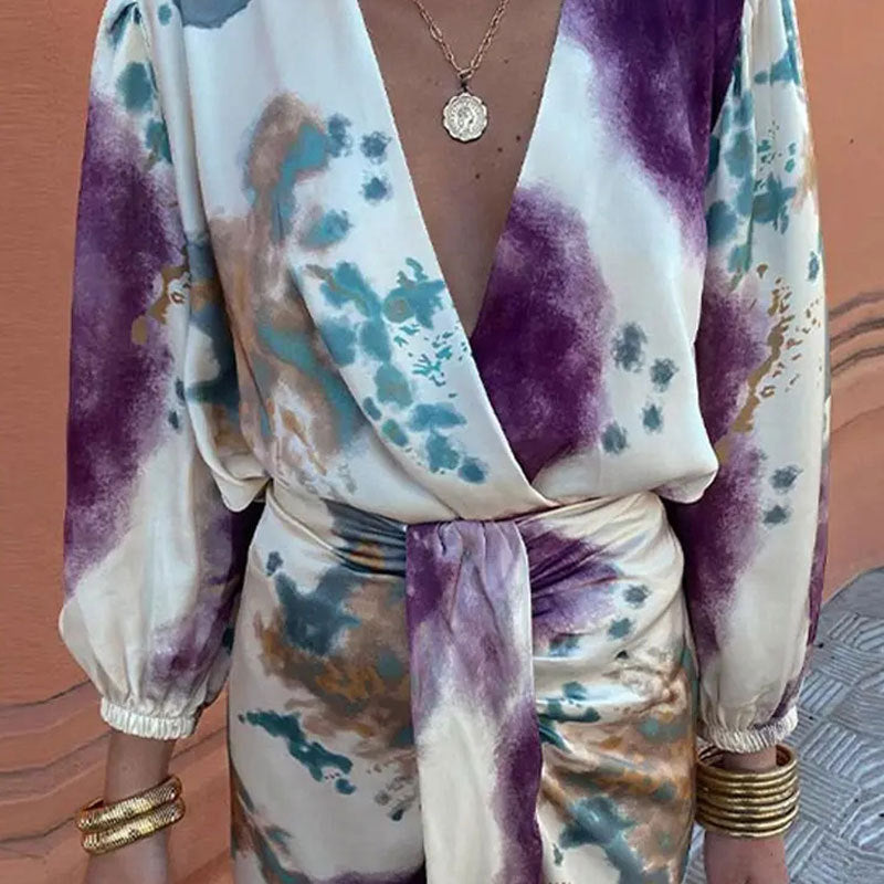 Purple V Enck Waist Knottting Midi Dress