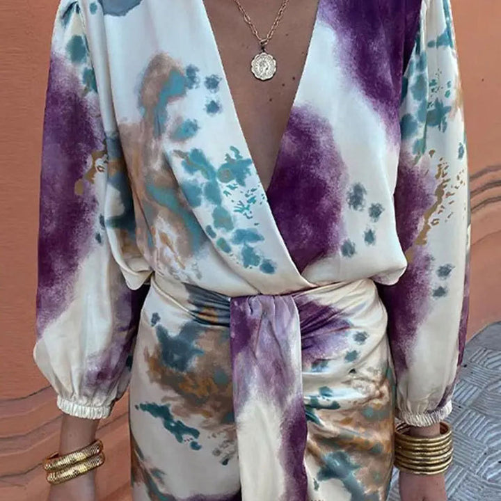 Purple V Enck Waist Knottting Midi Dress