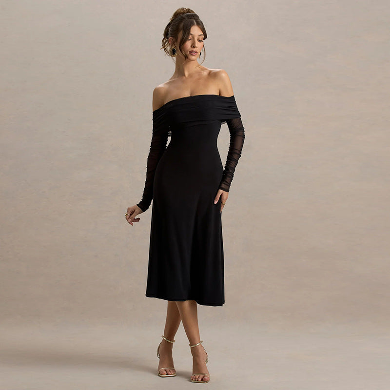 Black Off-shoulder fit & flare solid dress