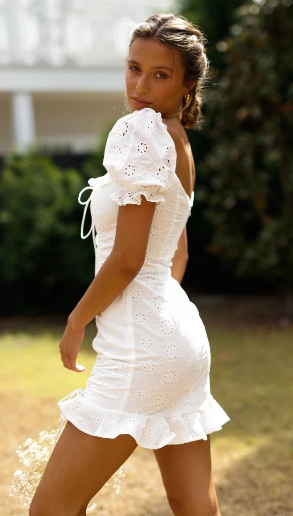 White Front Tie Up Ruched Dress