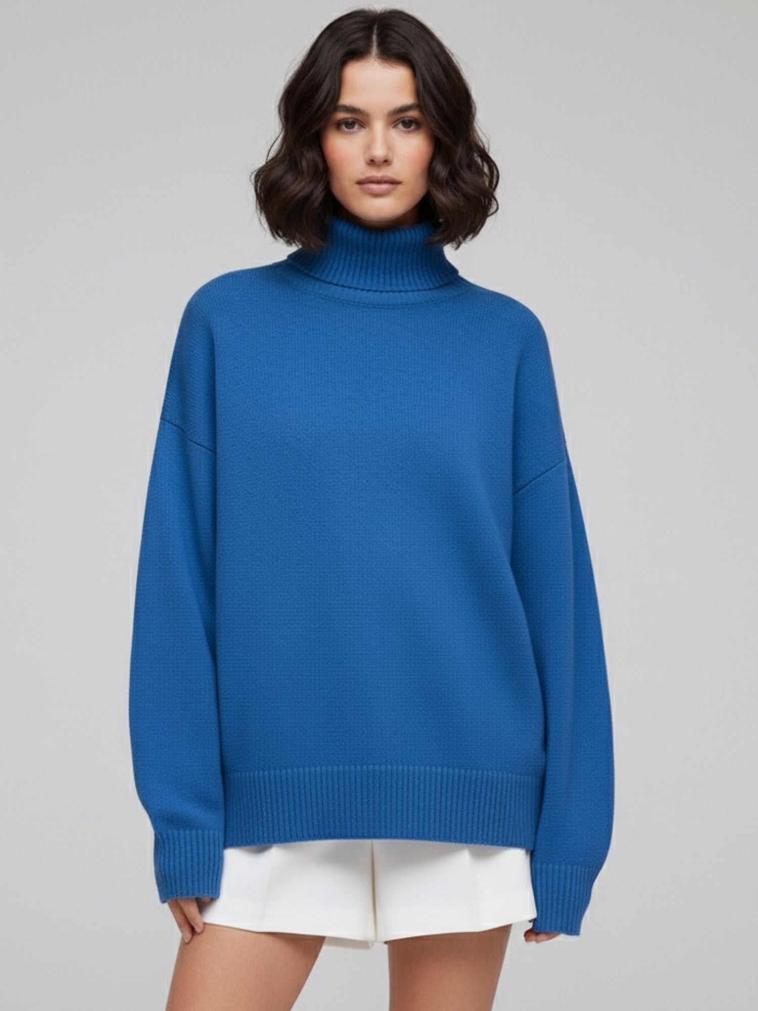 Blue Turtle Neck Oversized Solid Sweater