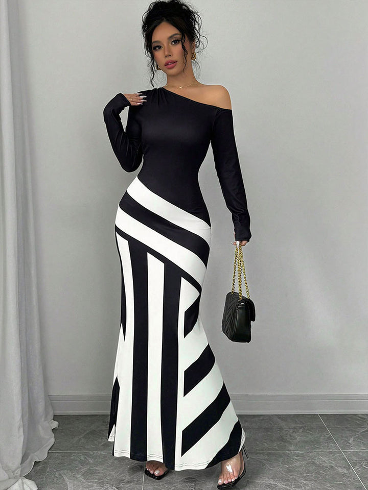 Black One Shoulder Full Sleeves Flared Dress