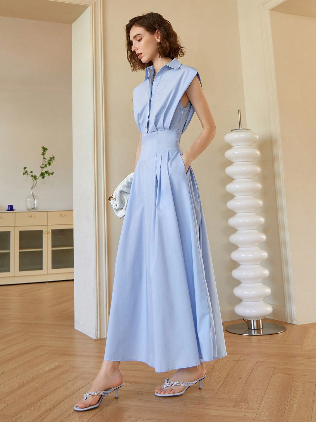 Blue Front Button Shirt Style Sleeveless Dress