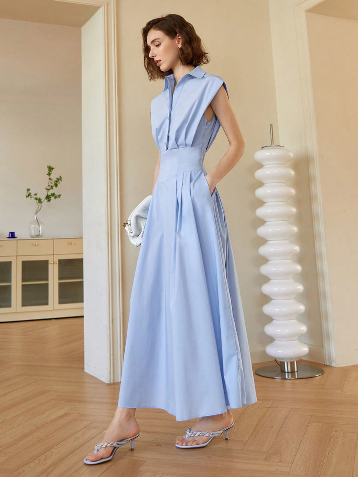 Blue Front Button Shirt Style Sleeveless Dress
