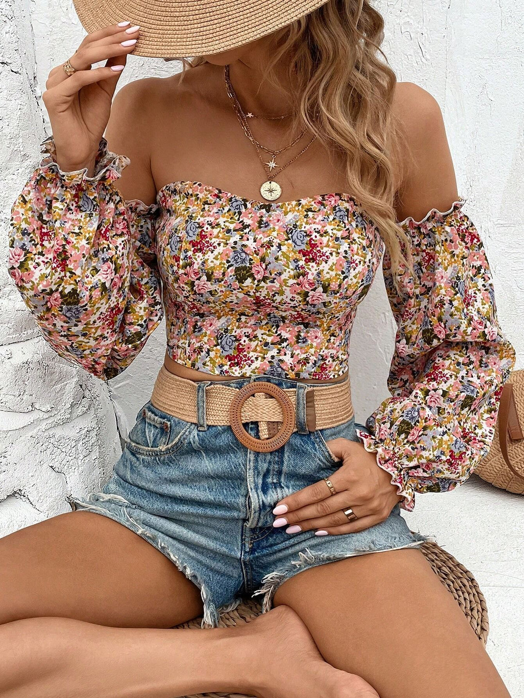 Multi Ditsy Print Off Shoulder Top