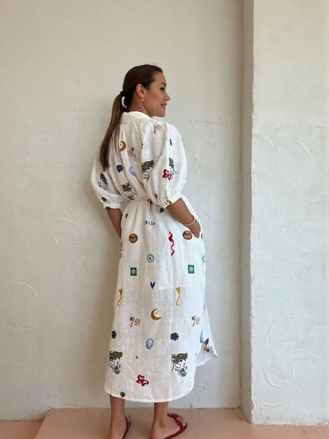 White Printed Linen Shirt Dress