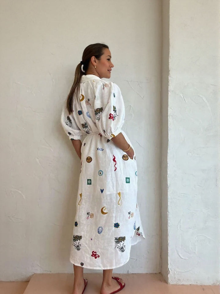 White Printed Linen Shirt Dress