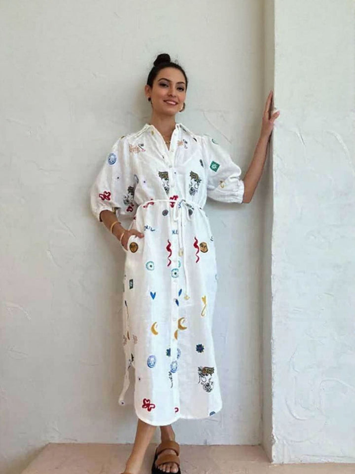 White Printed Linen Shirt Dress