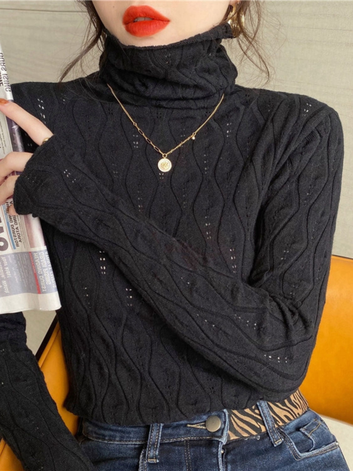 Black Full Sleeve Textured Turtle Neck Sweater