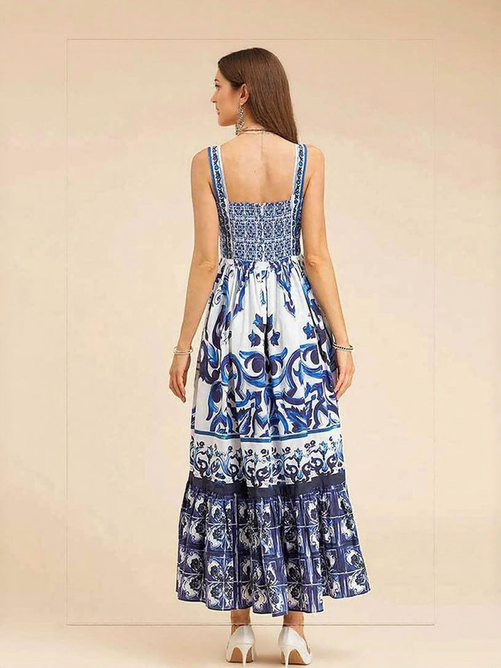 Blue Placement Print Tiered Maxi Dress