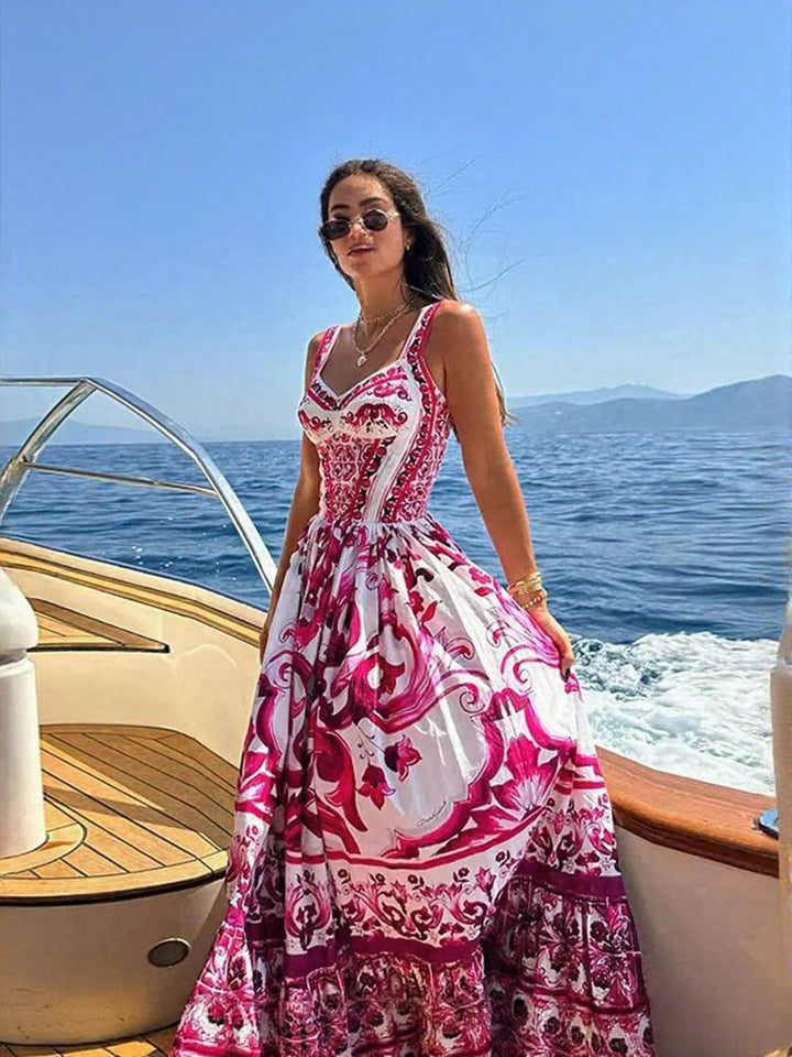 Red Placement Print Tiered Maxi Dress