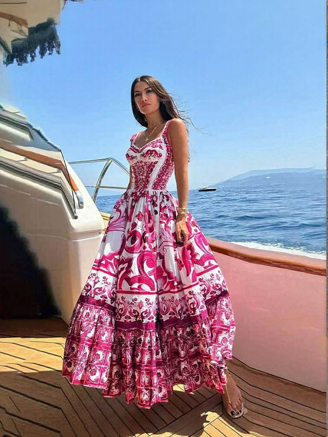 Red Placement Print Tiered Maxi Dress