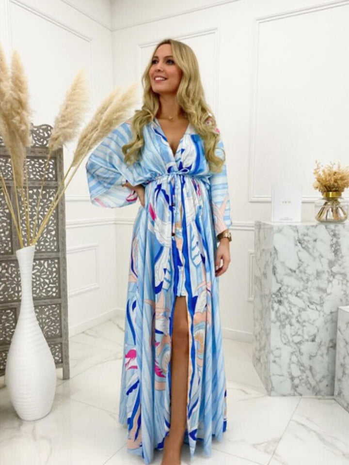 Blue V Neck Printed High Slit Maxi Dress