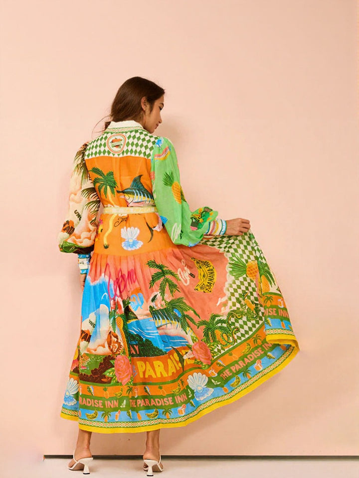 Green Tropical Print Maxi Dress