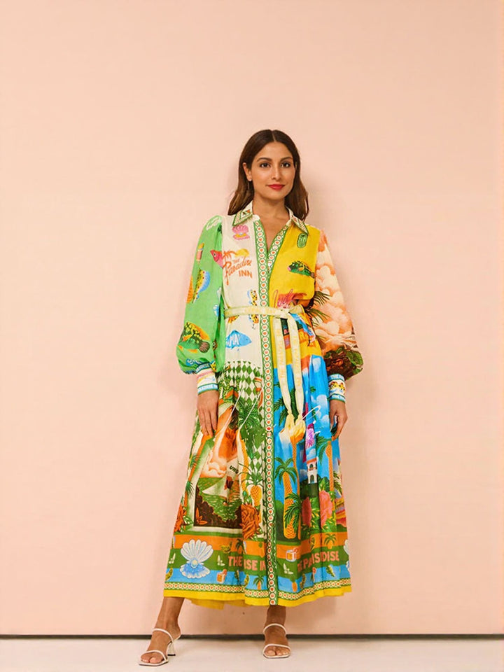 Green Tropical Print Maxi Dress