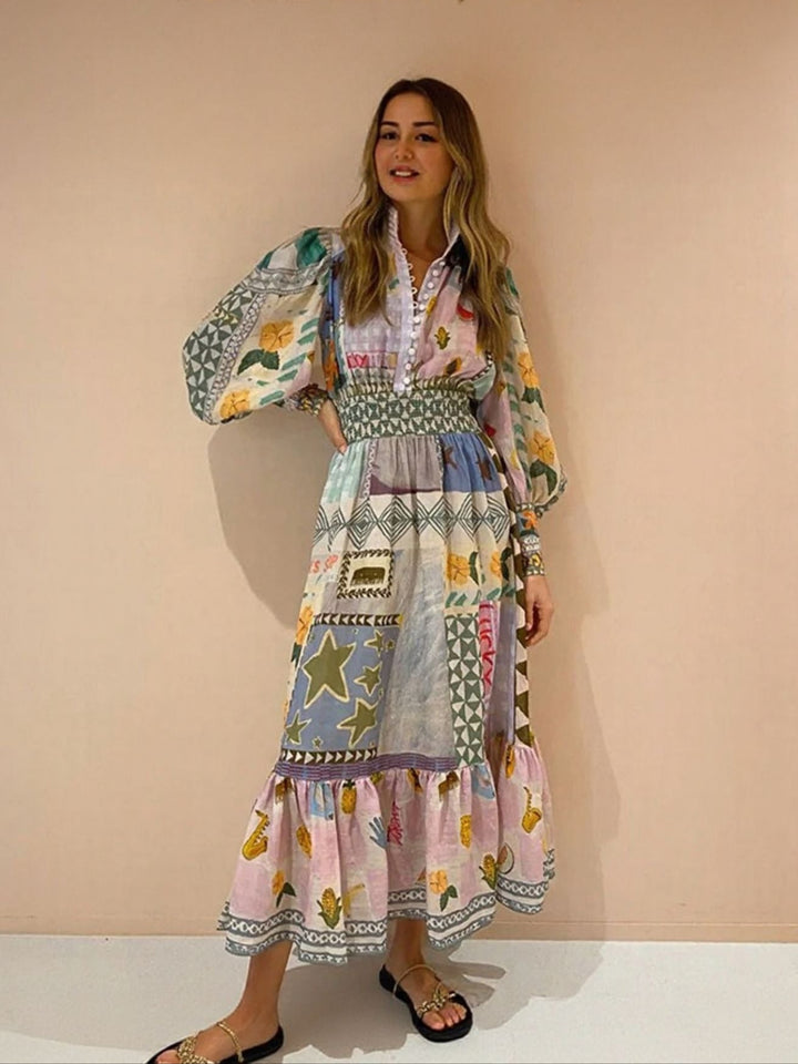 Blue Abstract Print Maxi Dress