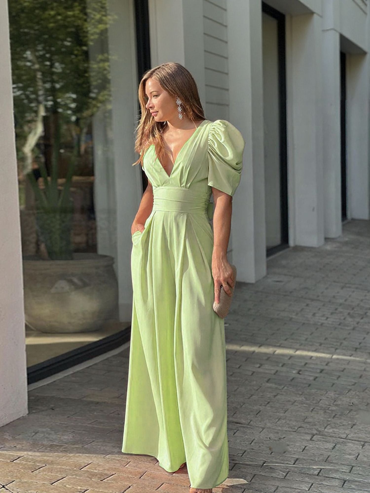 Green V Neck Wasit Band Fit Flare Dress