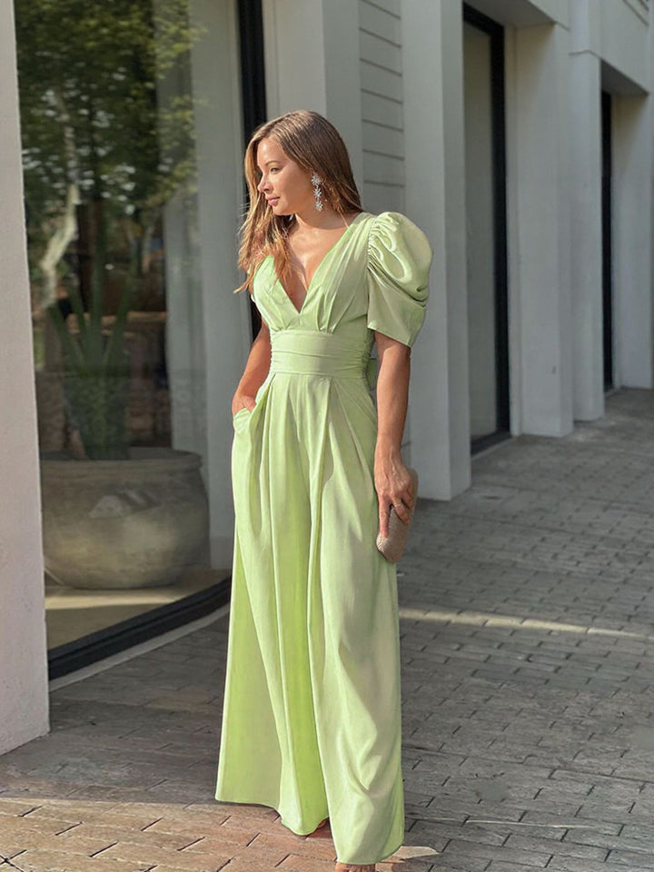 Green V Neck Wasit Band Fit Flare Dress