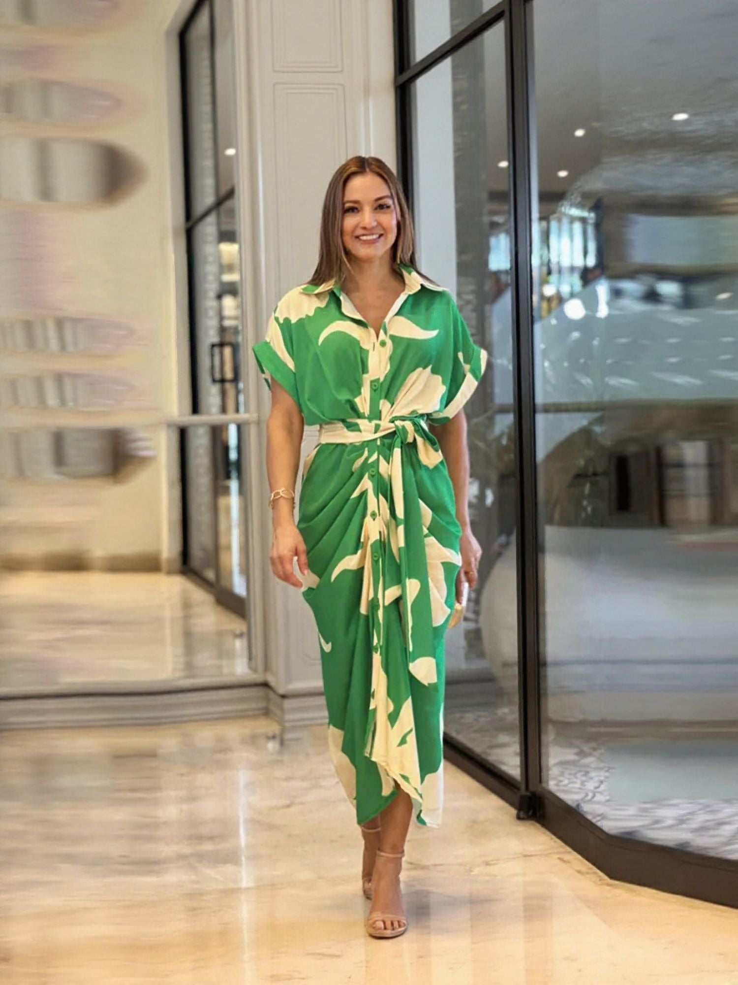 Green Printed Waist Tie Up Straight Fit Dress