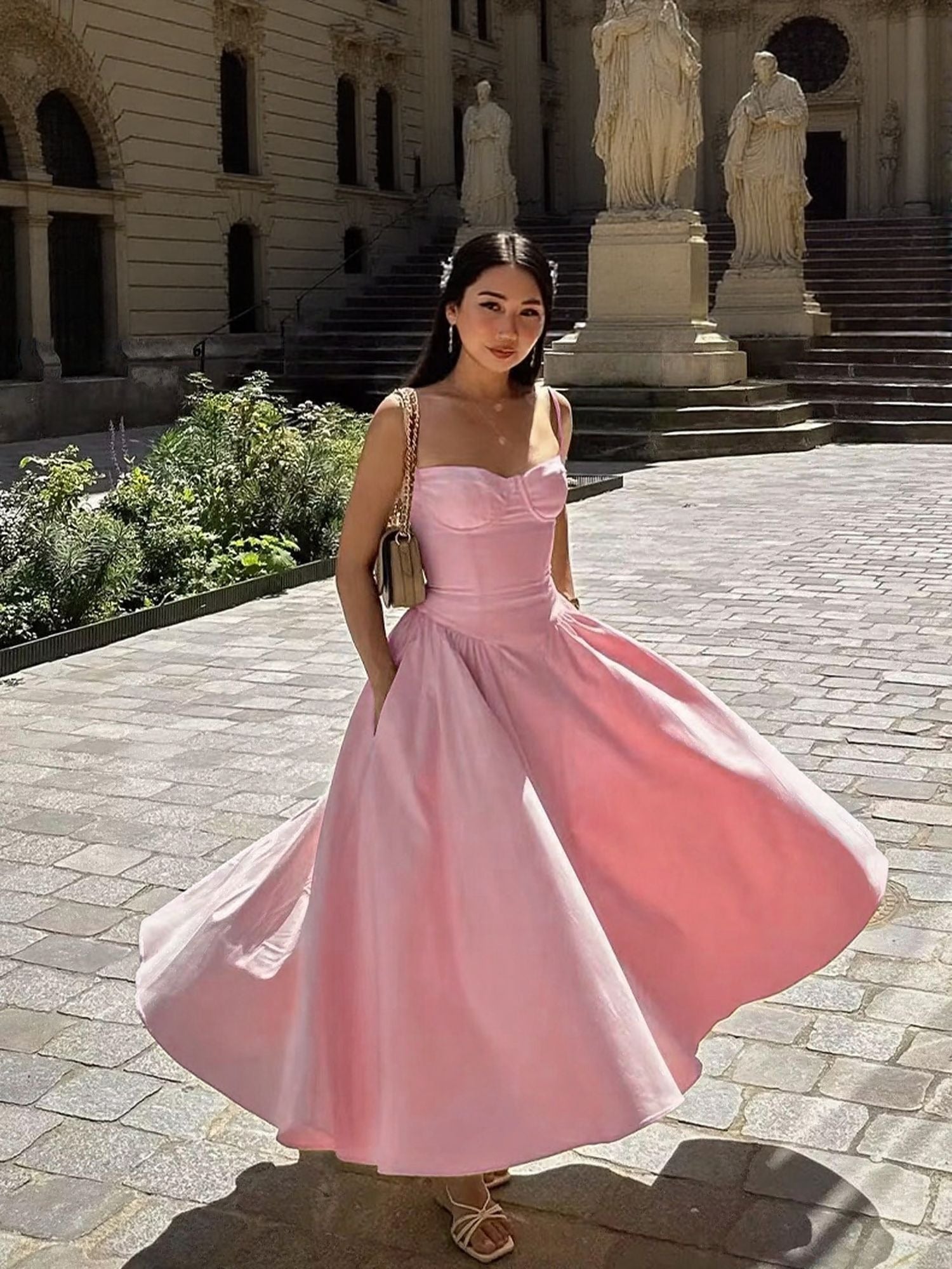 Pink Fit And Flare Midi Length Jacquard Dress
