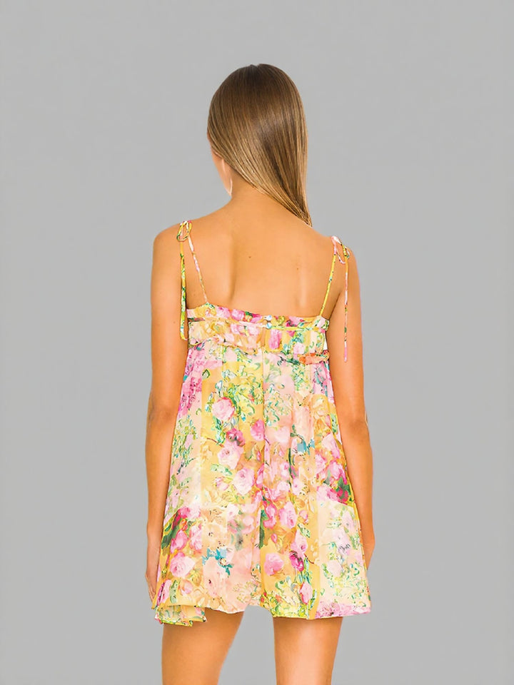 Multi Floral Print Slip Mini Dress With Ruffles