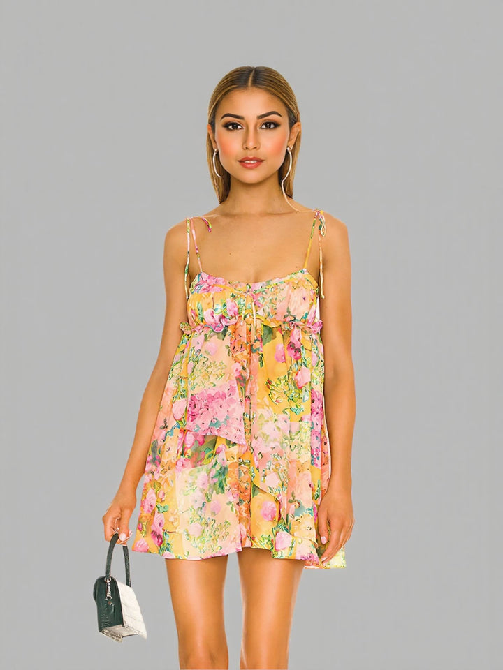Multi Floral Print Slip Mini Dress With Ruffles