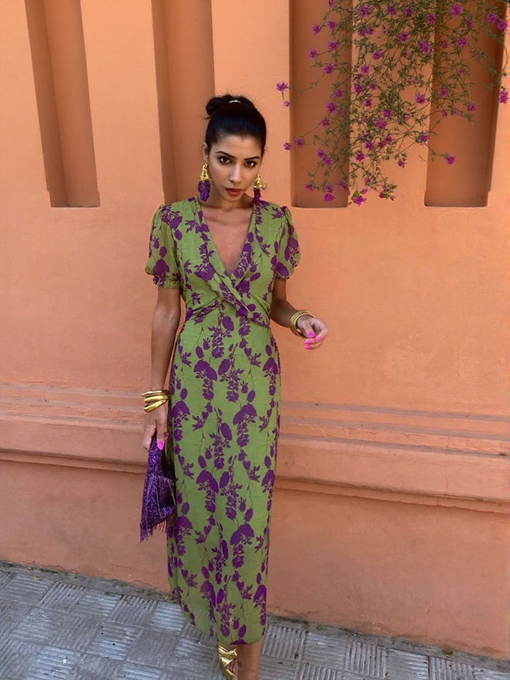 Green V Neck Waist Knoting Straight Midi Dress