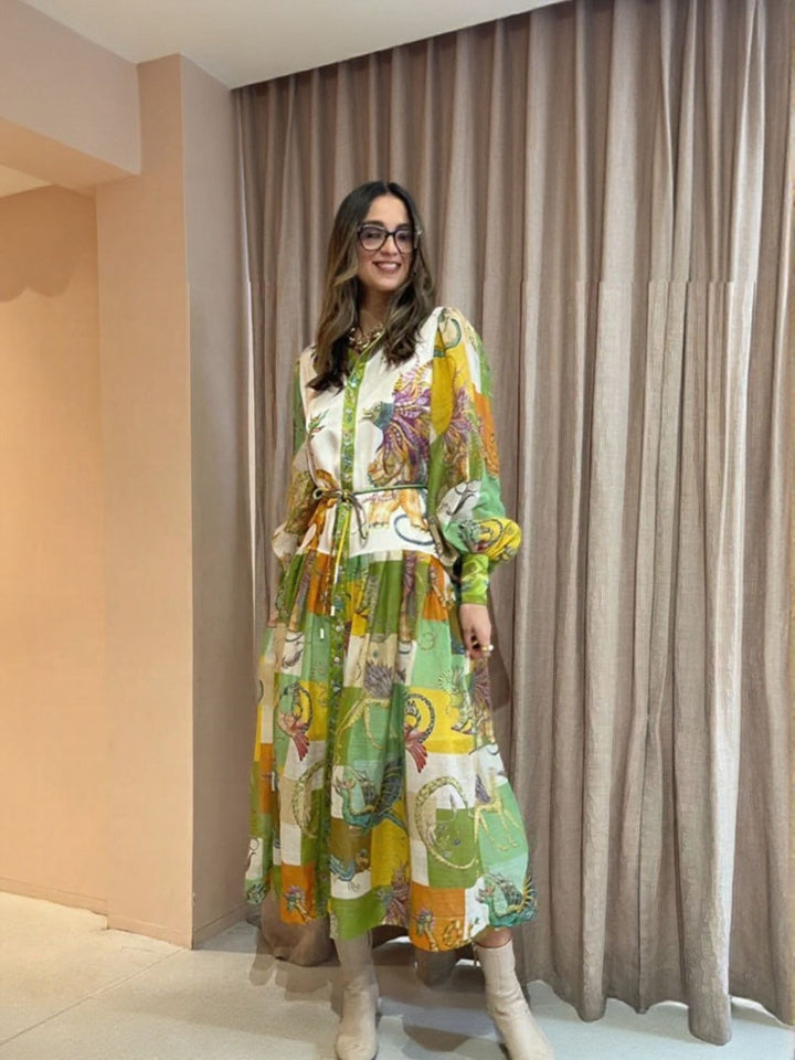 Green Bird Print Volume Sleeves Shirt Maxi Dress