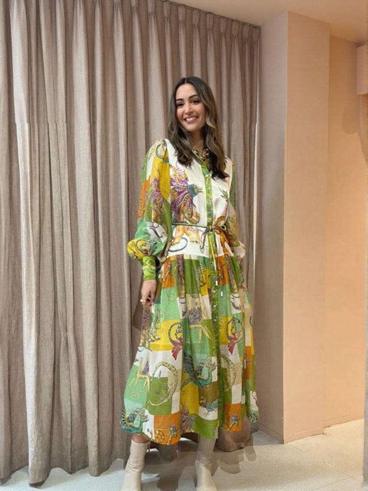 Green Bird Print Volume Sleeves Shirt Maxi Dress