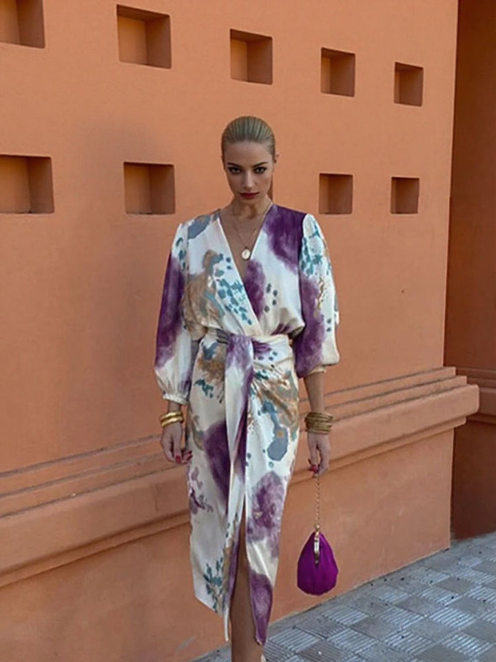 Purple V Enck Waist Knottting Midi Dress