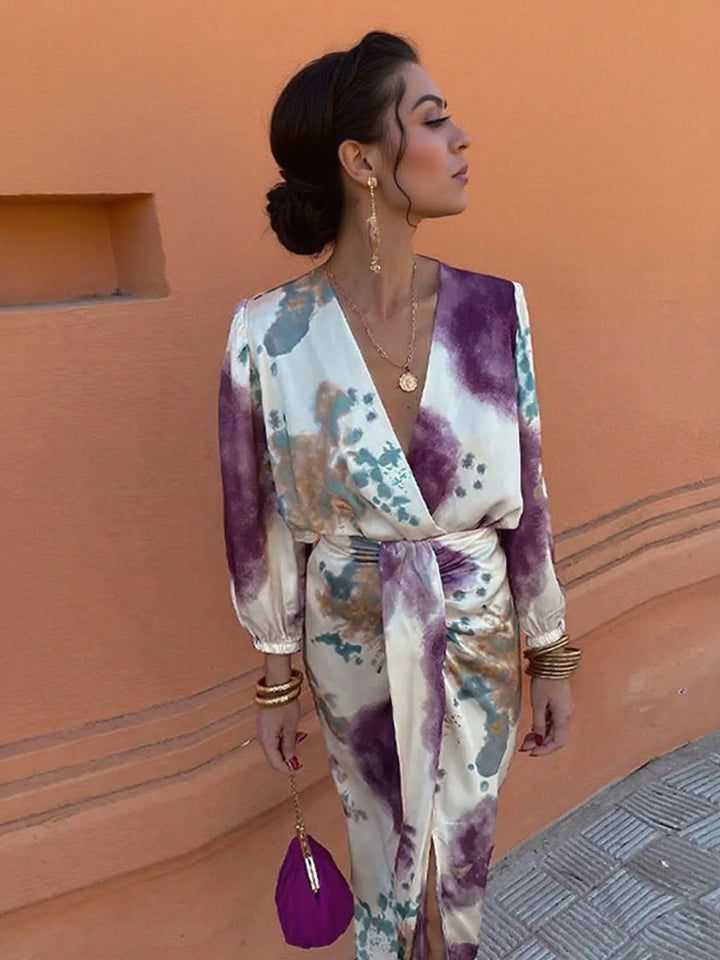Purple V Enck Waist Knottting Midi Dress