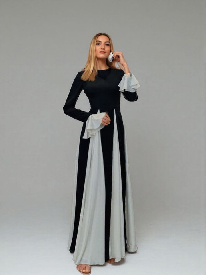Black Contrast Fit And Flare Ruffle Sleeves Maxi Dress
