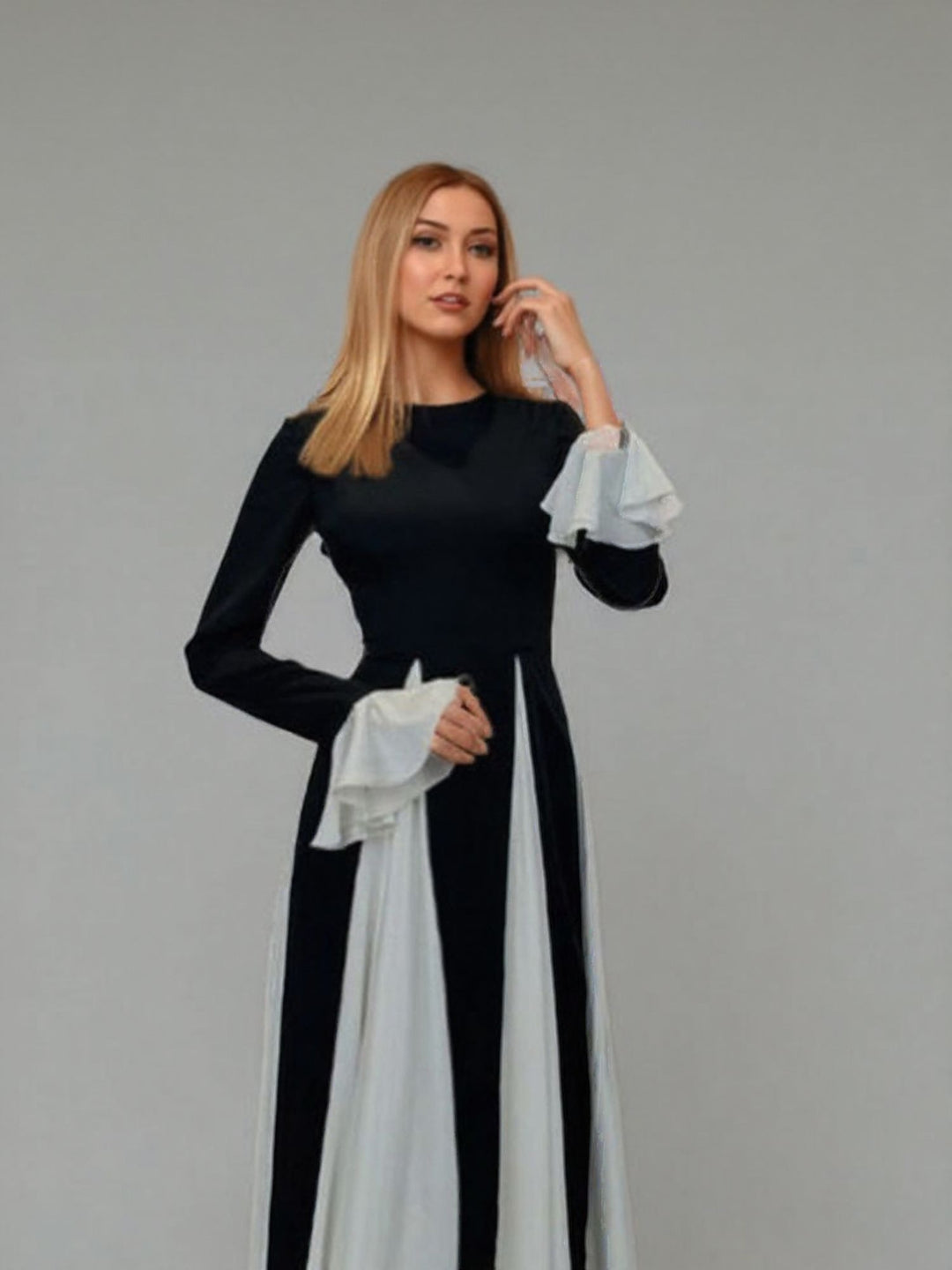 Black Contrast Fit And Flare Ruffle Sleeves Maxi Dress