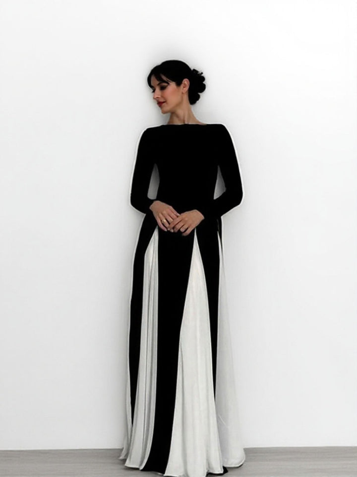 Black Boat Neck Contrast Pleated Maxi Dress