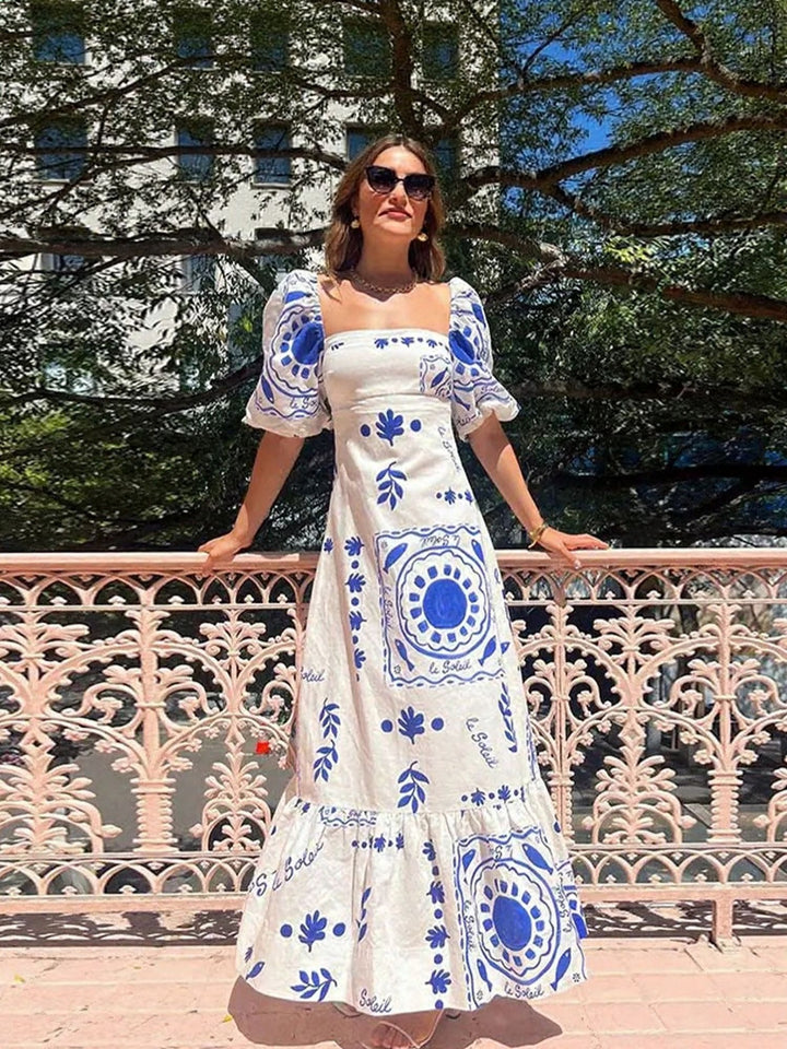 White Square Neck Fit And Flare With Hem Ruffle Maxi Dress