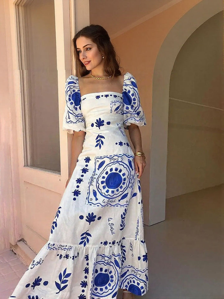 White Square Neck Fit And Flare With Hem Ruffle Maxi Dress