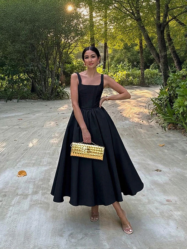 Black Square Neck Fit And Flare Maxi Dress