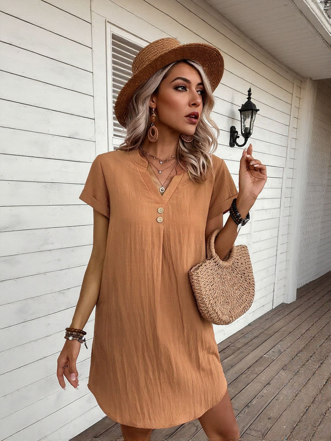 Rust Short Sleeve Shift Dress