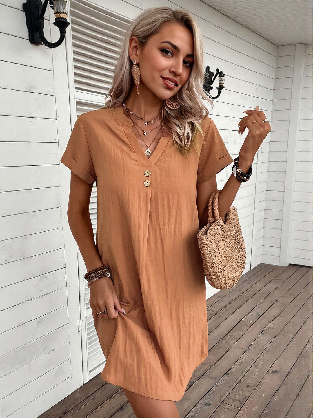 Rust Short Sleeve Shift Dress