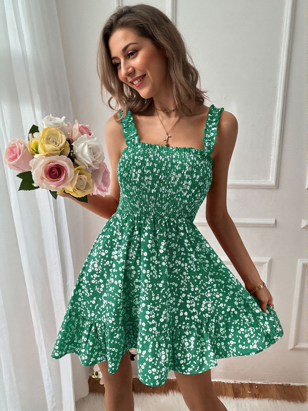 Green Ditsy Print Fit And Flare Dress