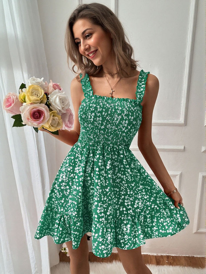 Green Ditsy Print Fit And Flare Dress