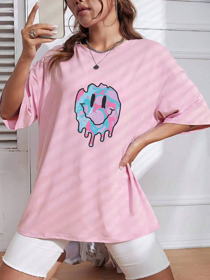 Pink Smiley Chest Print Graphic Tshirt