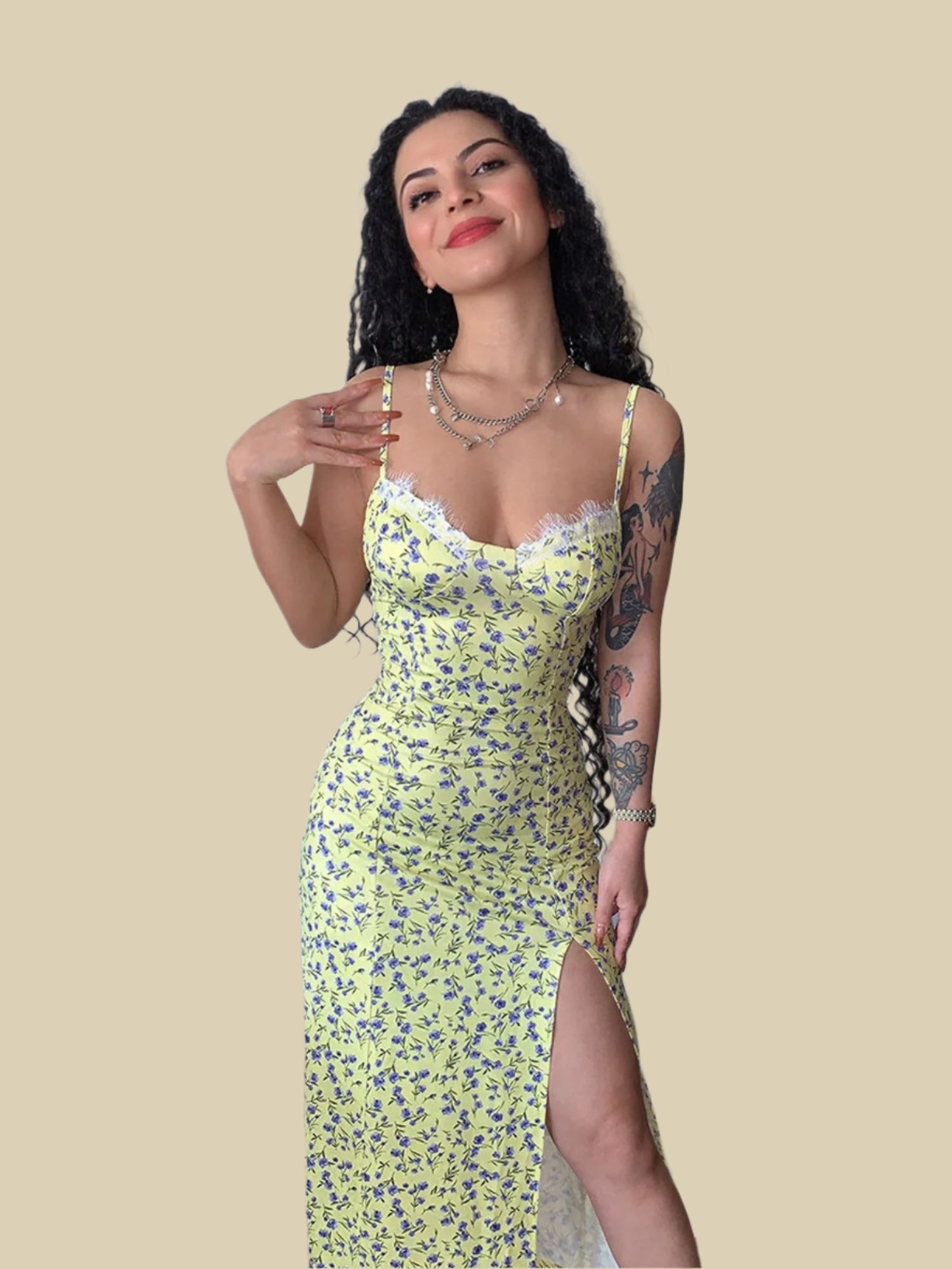 Yellow Lace Detail At Bust High Slit Midi Dress